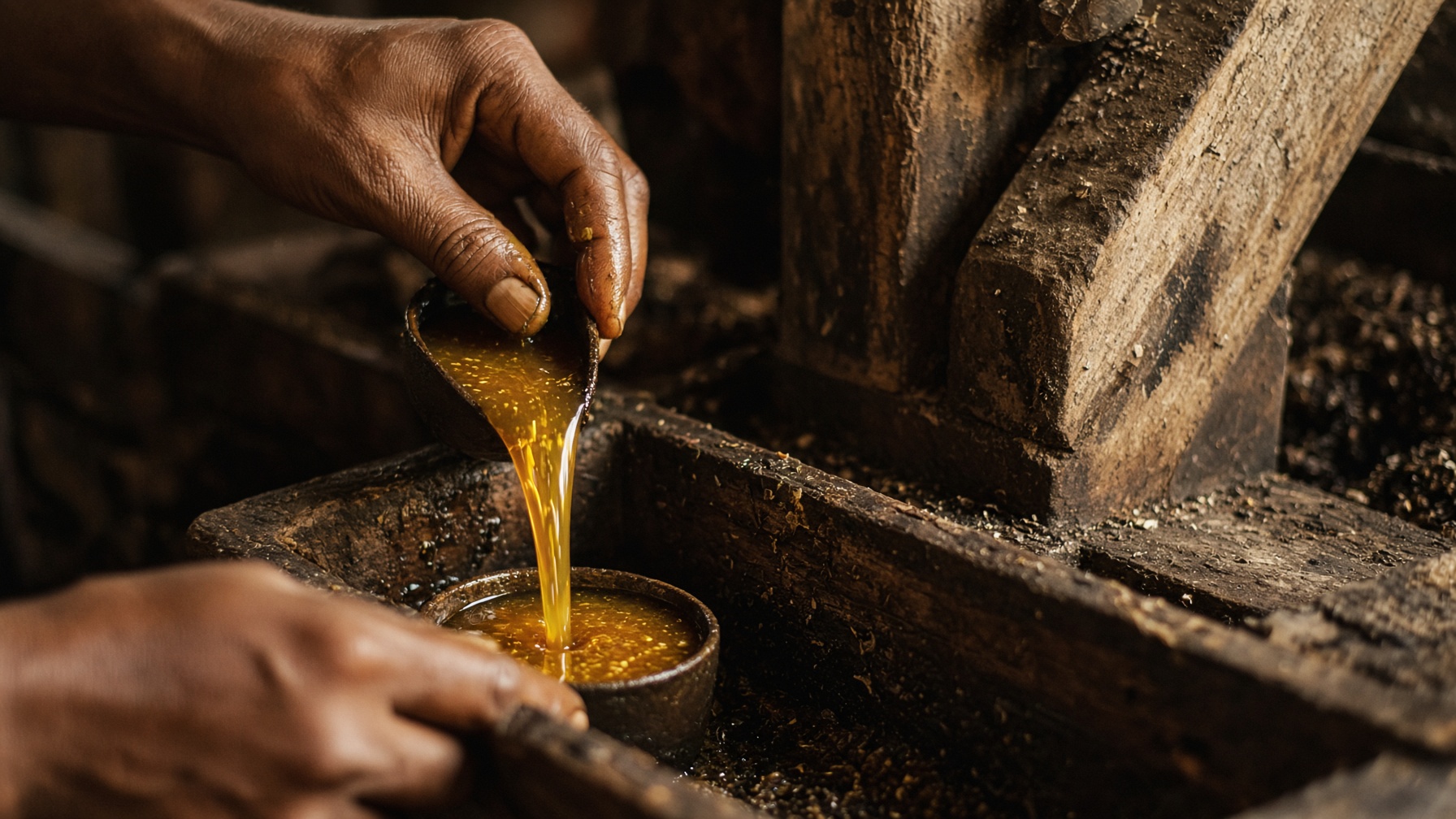 Golden Marachekku Oil collected from a wooden mill in south India