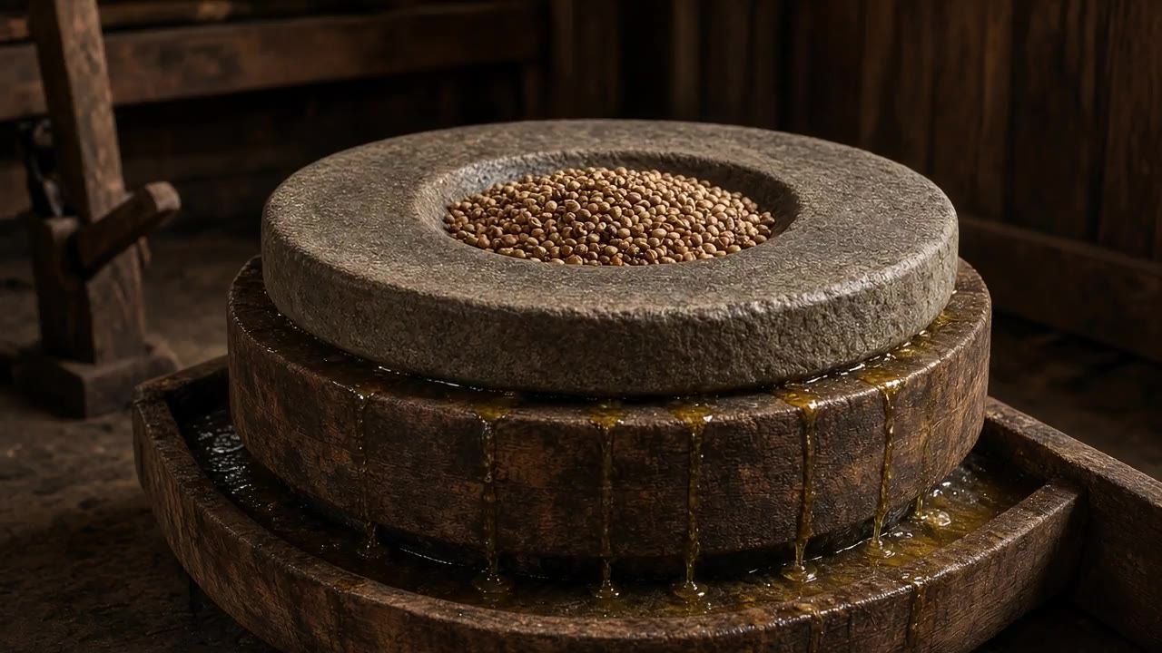 Wooden mill grinding seeds, oil running from the crush